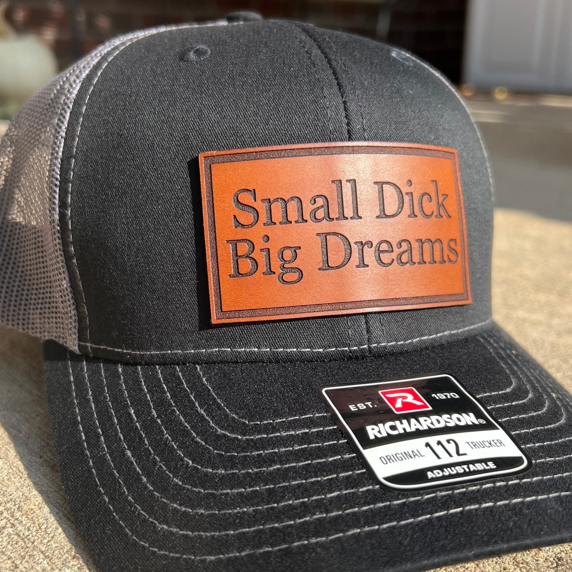 Small Dick Big Dreams Leather Patch Hat Black Black Brown Leather
